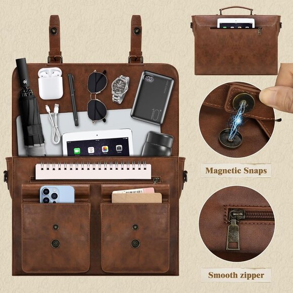 Men's Brown 15.6 Inch Water proof Laptop Bag Leather Briefcase Computer Bag - Picture 4 of 6